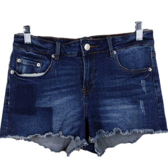 R1893 Blue Dark Wash Five Pocket Mid Rise Raw Hem Jean Shorts - Picture 1 of 13